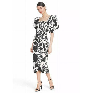 Christopher John Rogers Size 4 Black White Floral Puff Sleeve Faux Wrap Dress